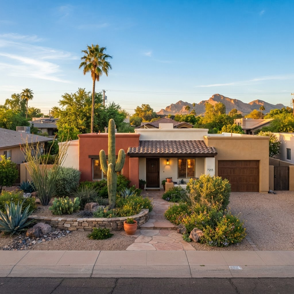 Phoenix Arizona residential home in warm desert sunlight